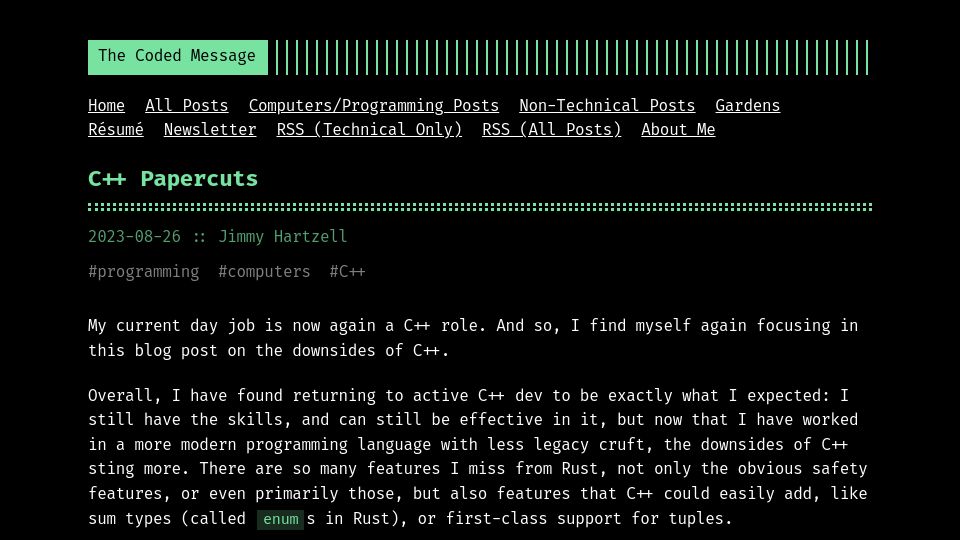 Screenshot of thecodedmessage.com: C++ Papercuts