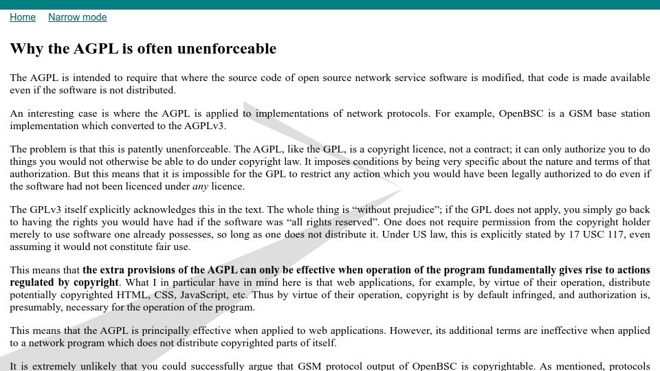 Screenshot of devever.net: Why the AGPL is often unenforceable (2015)