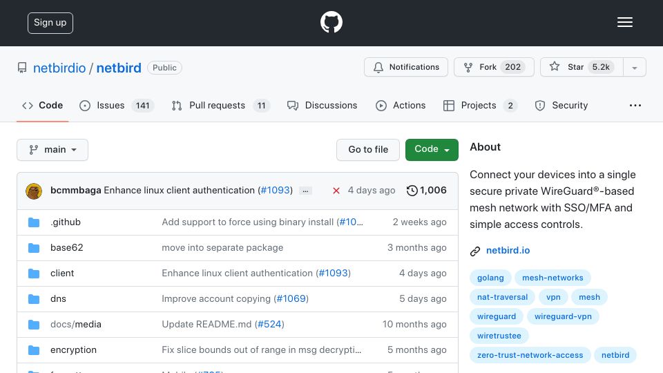 Screenshot of github.com: Netbirdio/netbird: Connect devices into a single private WireGuard mesh network