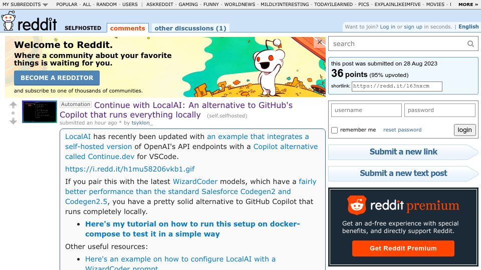 Screenshot of old.reddit.com: Continue with LocalAI: An alternative to GitHub's Copilot that runs locally
