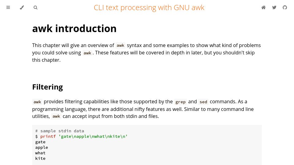 Screenshot of learnbyexample.github.io: CLI text processing with GNU awk