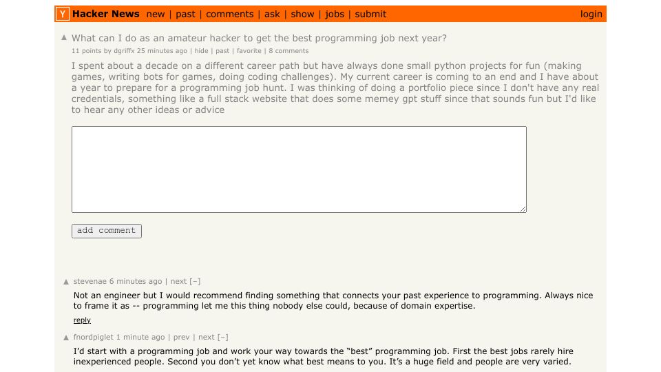 Screenshot of Hacker News post: What can I do as an amateur hacker to get the best programming job next year?
