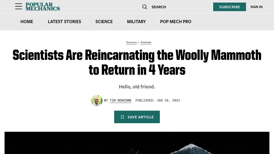 Screenshot of popularmechanics.com: Scientists are working to bring the woolly mammoth back