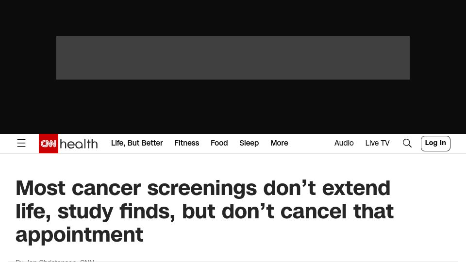 Screenshot of cnn.com: Most cancer screenings don’t extend life, study finds