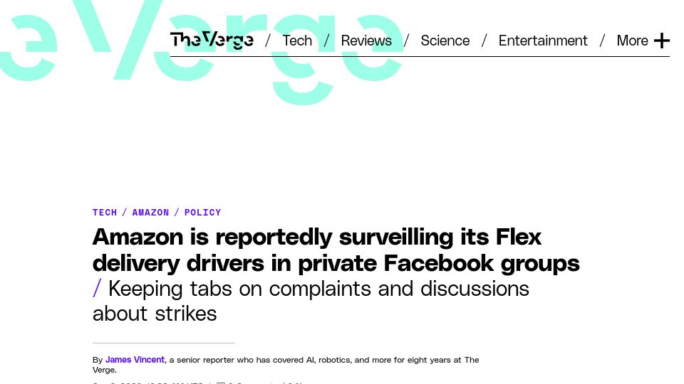 Screenshot of theverge.com: Amazon reportedly surveilling its Flex drivers in private Facebook groups