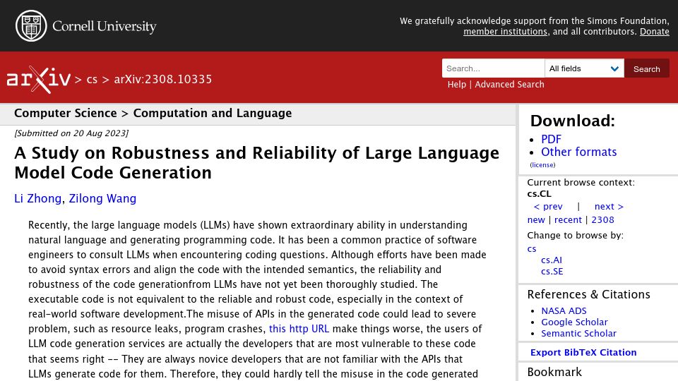 Screenshot of arxiv.org: A study on robustness and reliability of large language model code generation