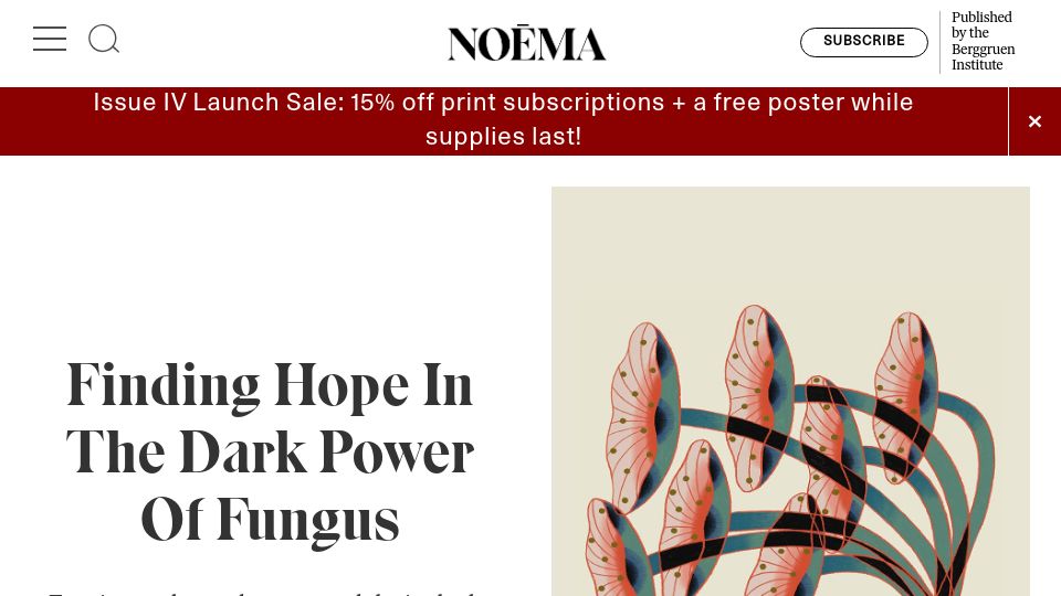 Screenshot of noemamag.com: Finding Hope in the Dark Power of Fungus