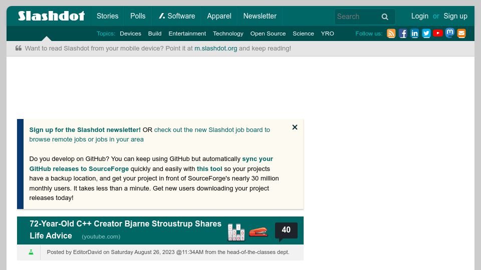 Screenshot of developers.slashdot.org: 72-Year-Old C++ Creator Bjarne Stroustrup Shares Life Advice