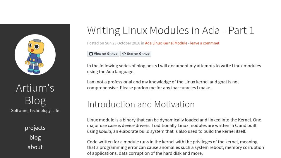 Screenshot of nihamkin.com: Writing Linux Modules in Ada (2016)