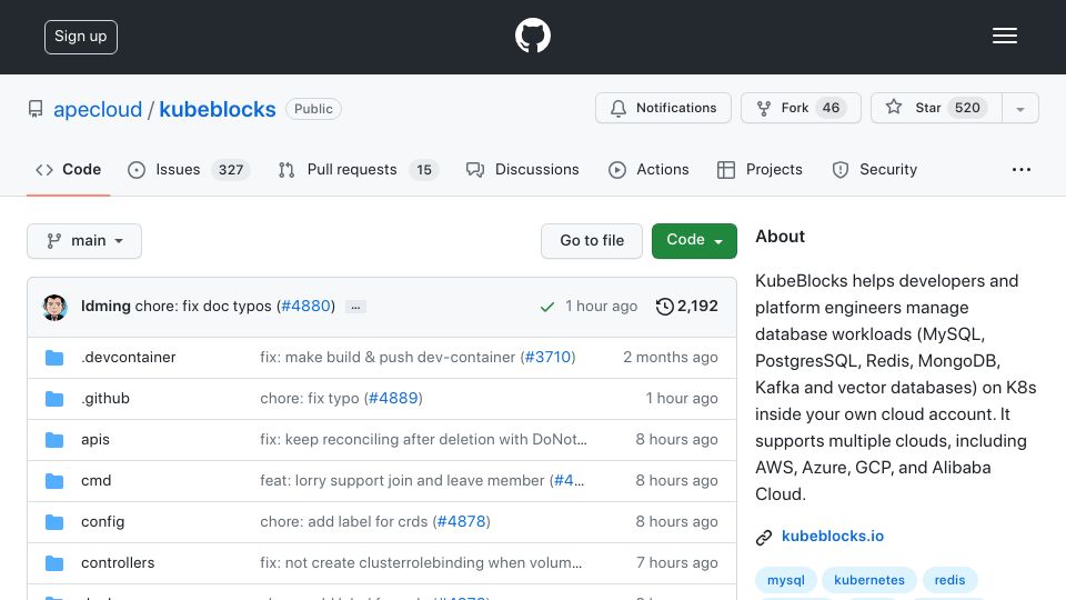Screenshot of github.com: An open-source MySQL alternative for running database on Kubernetes