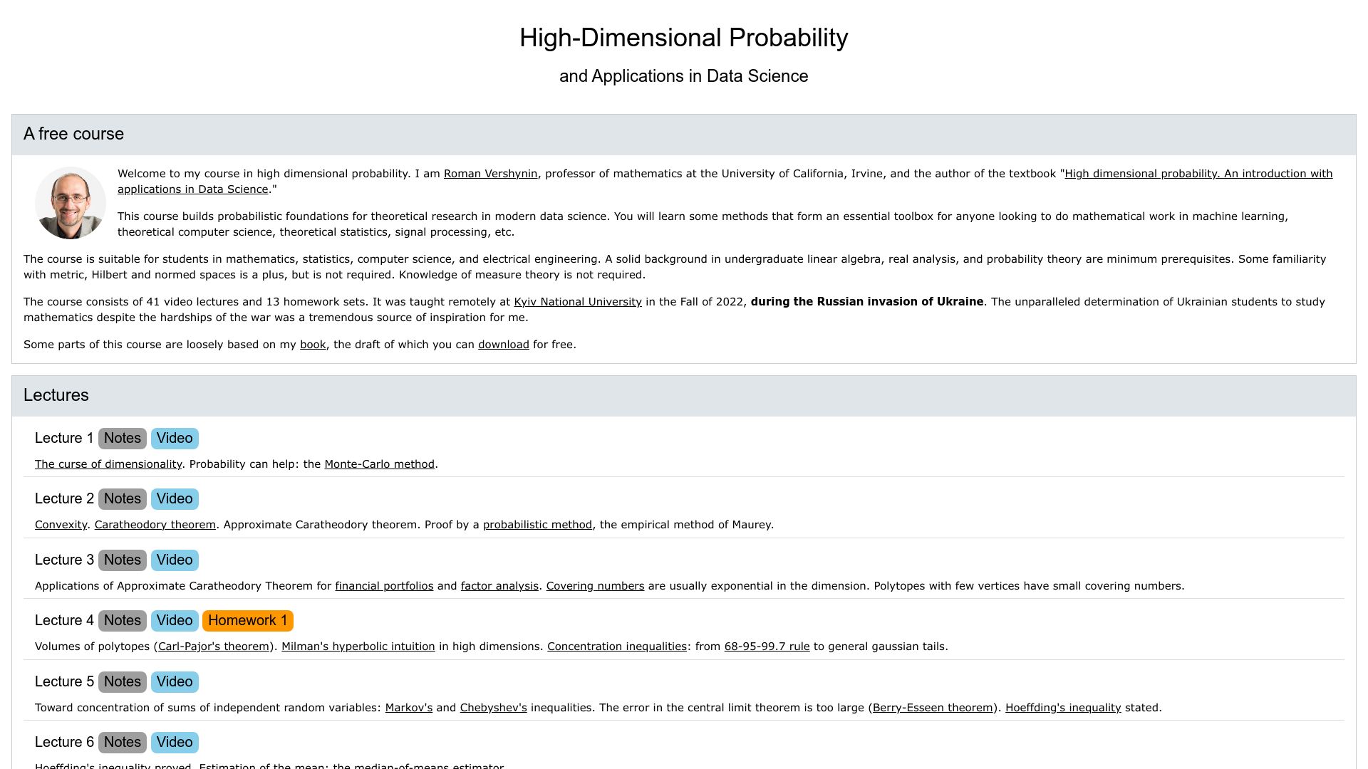 Screenshot of math.uci.edu: High-Dimensional Probability and Applications in Data Science
