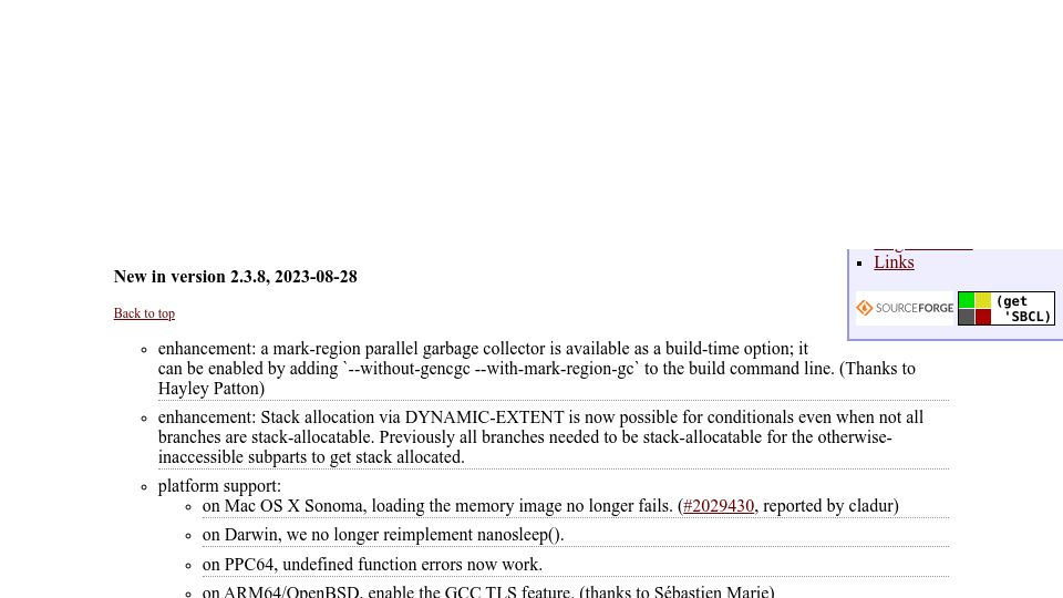 Screenshot of sbcl.org: Steel Bank Common Lisp 2.3.8 released: “a mark-region parallel GC is available”