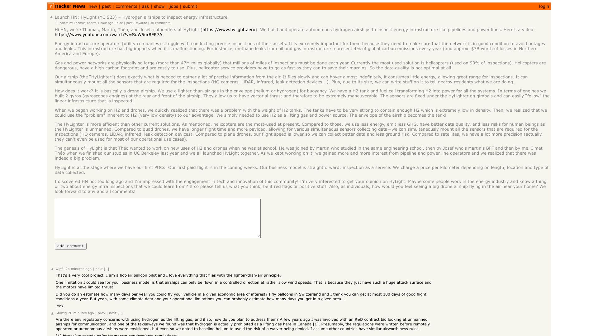 Screenshot of this Hacker News post: Launch HN: HyLight (YC S23) – Hydrogen airships to inspect energy infrastructure