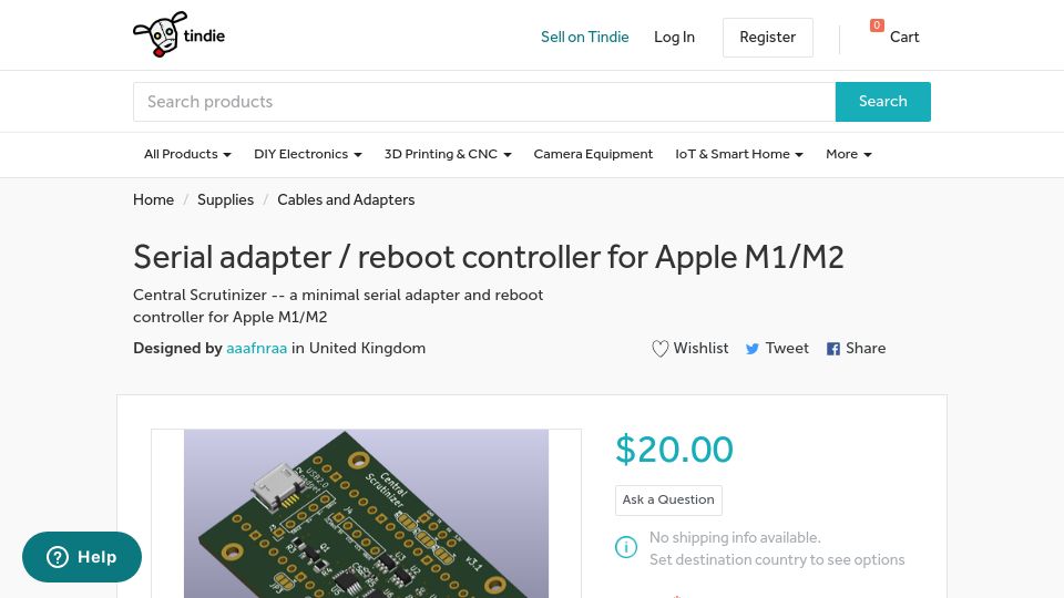 Screenshot of tindie.com: Serial adapter/reboot controller for Apple M1/M2