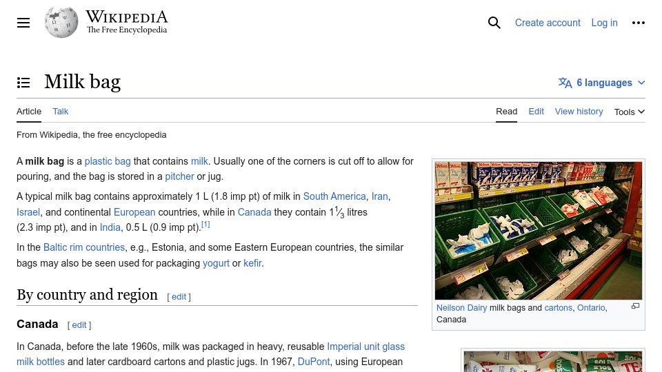 Screenshot of en.wikipedia.org: Milk bag