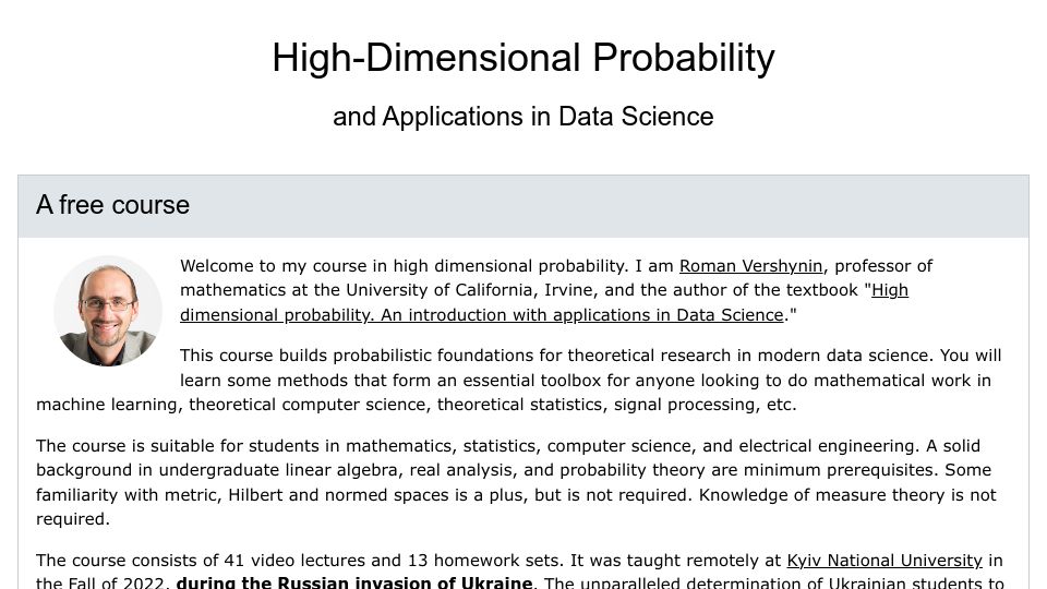 Screenshot of math.uci.edu: High-Dimensional Probability and Applications in Data Science