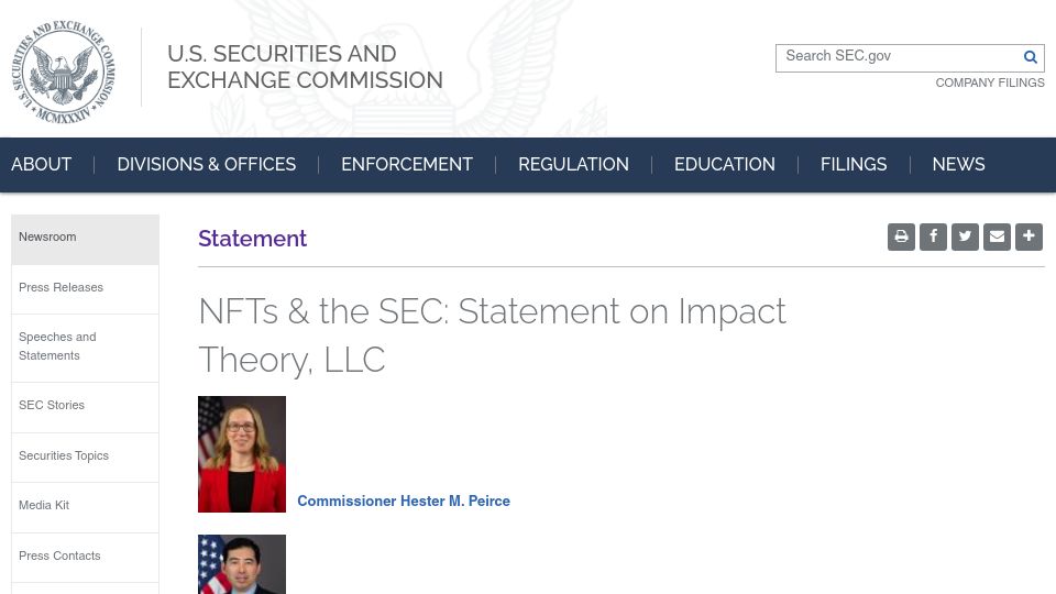 Screenshot of sec.gov: SEC charges Impact Theory for unregistered offering of NFTs