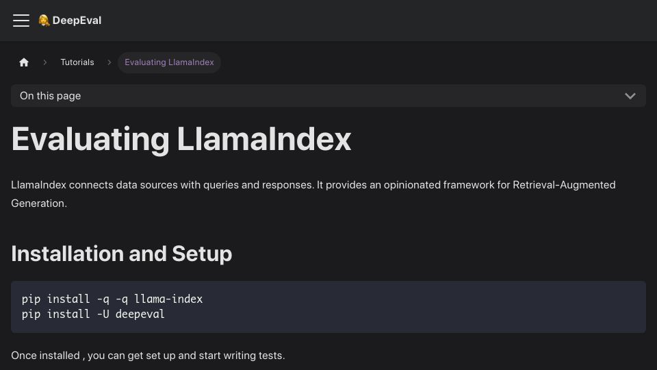 Screenshot of docs.confident-ai.com: Unit Test LlamaIndex with DeepEval