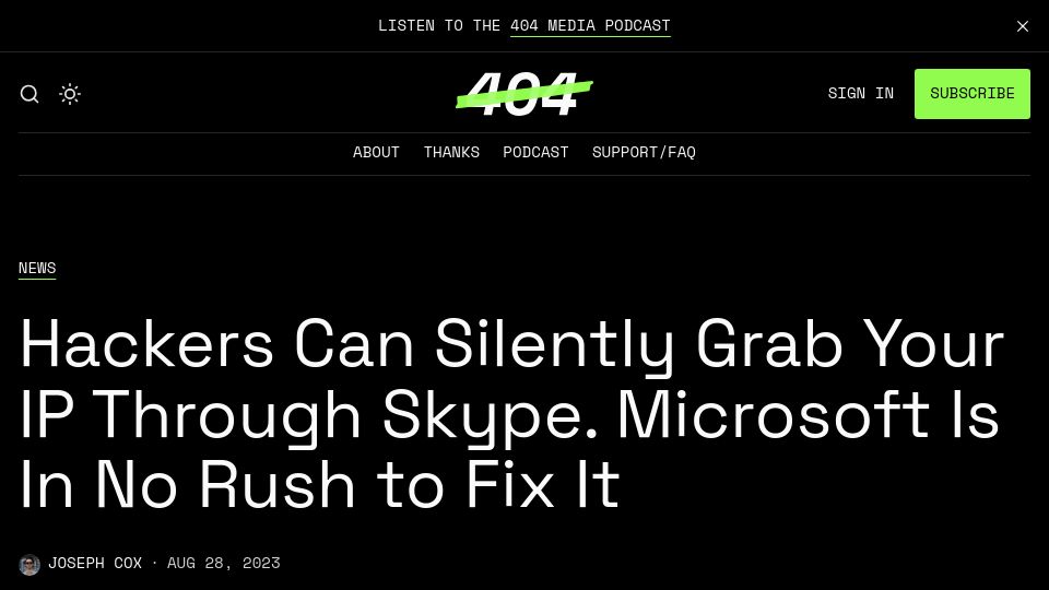 Screenshot of 404media.co: Hackers can get your IP through Skype by just sending a link, no click required