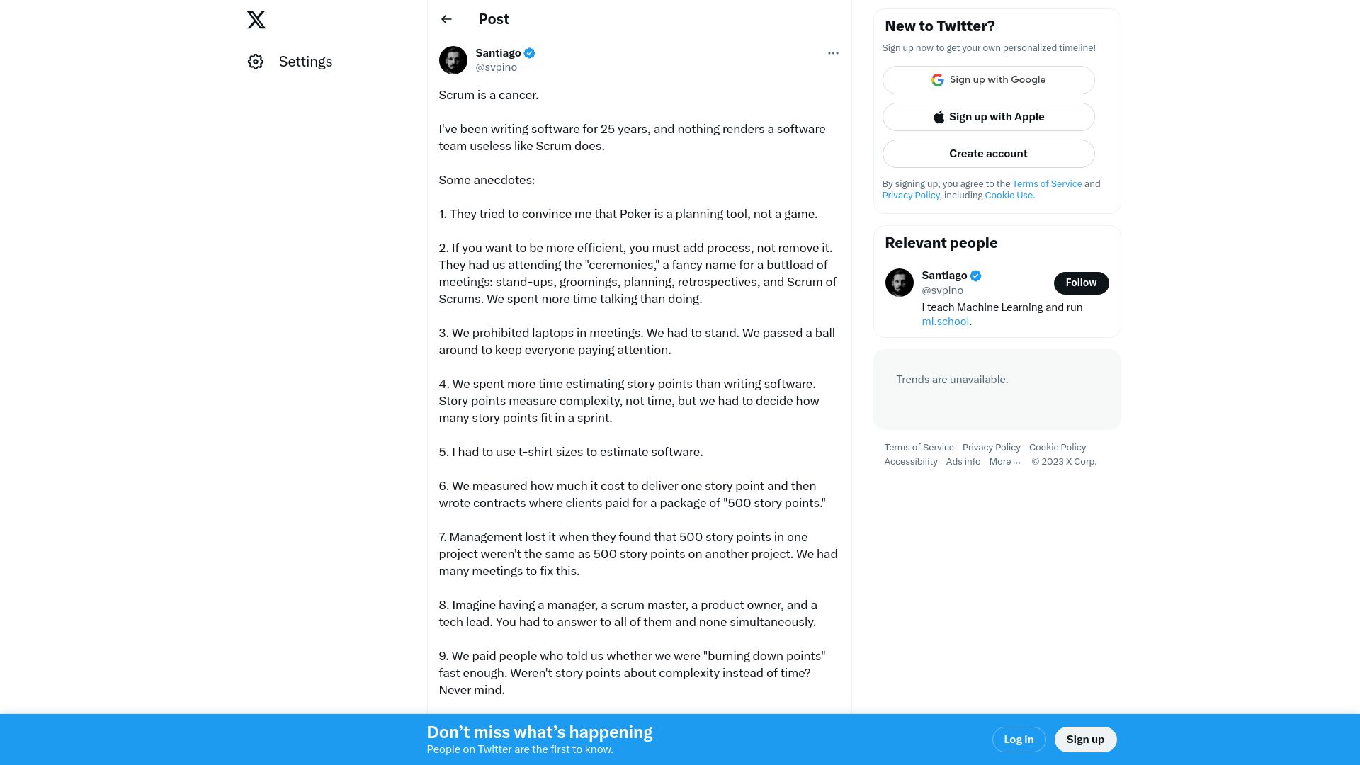 Screenshot of twitter.com: Scrum is a cancer
