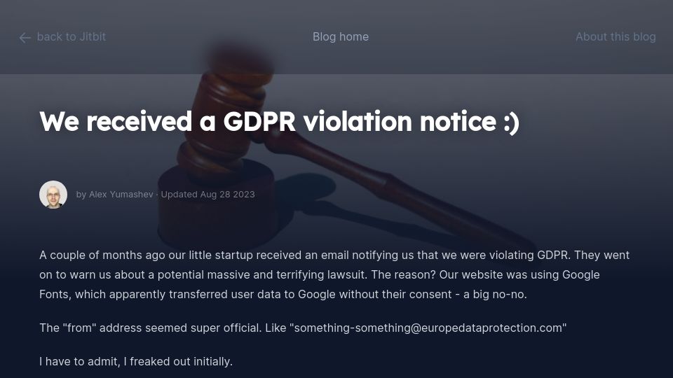 Screenshot of jitbit.com: Our startup received GDPR violation “notice”