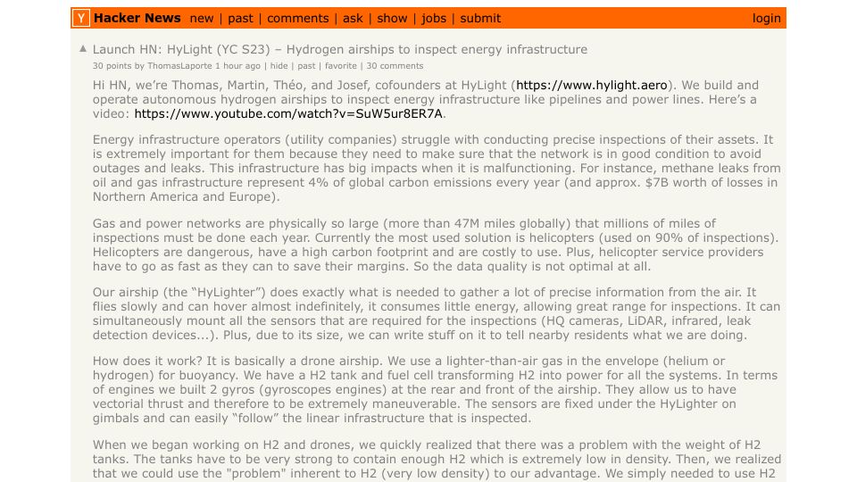 Screenshot of Hacker News post: Launch HN: HyLight (YC S23) – Hydrogen airships to inspect energy infrastructure