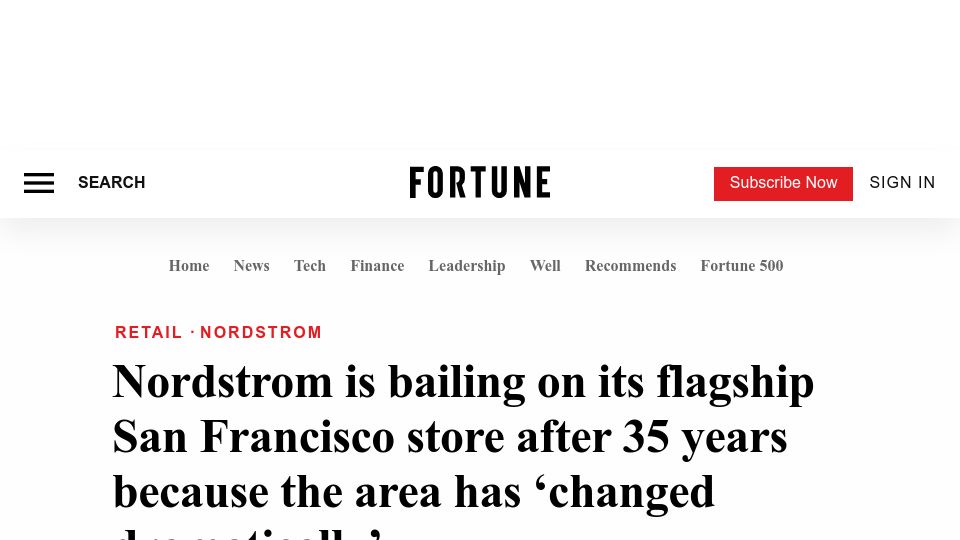 Screenshot of fortune.com: ‘San Francisco changed dramatically’ – Nordstrom is bailing on a flagship store