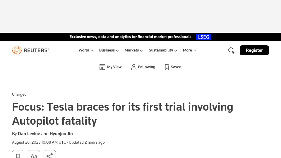Screenshot of reuters.com: Tesla braces for its first trial involving Autopilot fatality