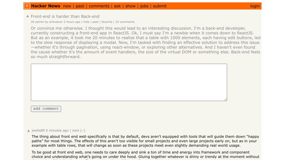 Screenshot of Hacker News post: Front-end is harder than Back-end