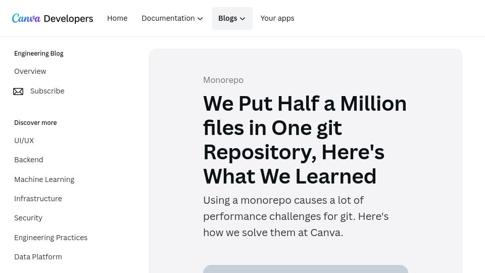 Screenshot of canva.dev: We put half a million files in one Git repository (2022)