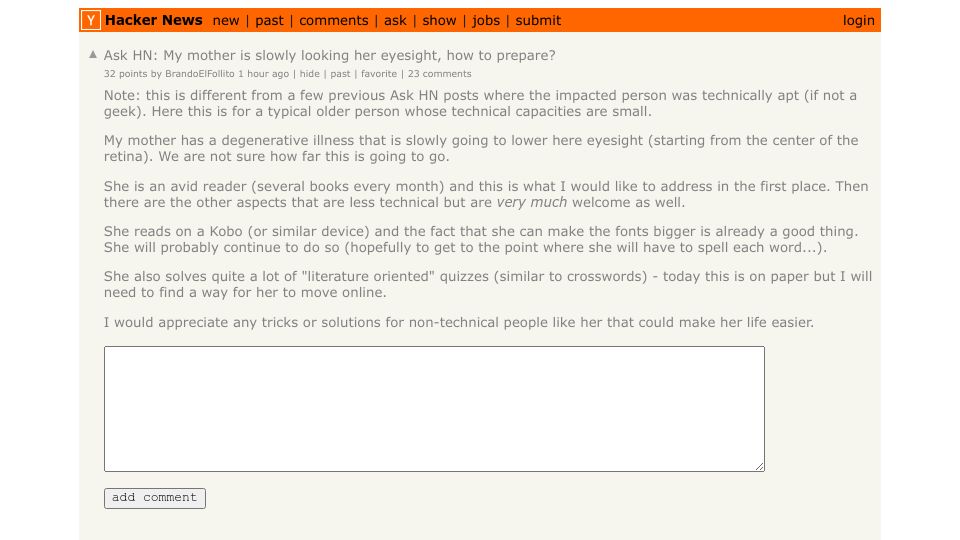 Screenshot of Hacker News post: Ask HN: My mother is slowly losing her eyesight, how to prepare?
