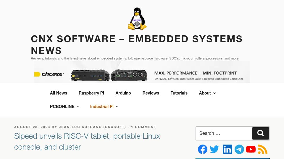 Screenshot of cnx-software.com: Sipeed unveils RISC-V tablet, portable Linux console, and cluster