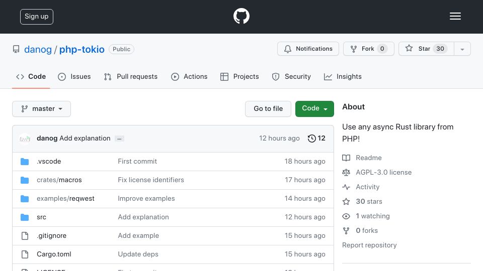 Screenshot of github.com: PHP-Tokio – Use any async Rust library from PHP