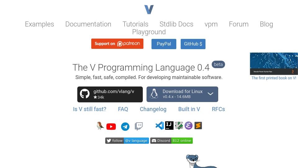 Screenshot of vlang.io: The V Programming Language 0.4