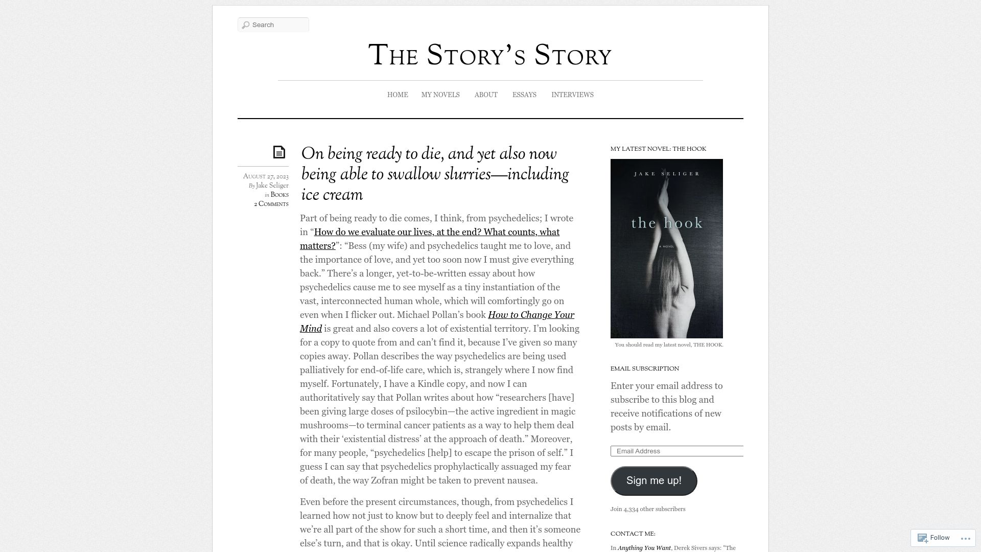 Screenshot of jakeseliger.com: On being ready to die, and yet also now being able to swallow ice cream