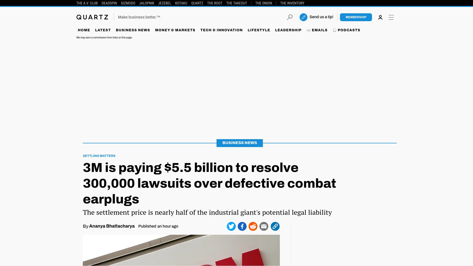 Screenshot of qz.com: 3M is paying $5.5B to resolve 300k lawsuits over defective combat earplugs