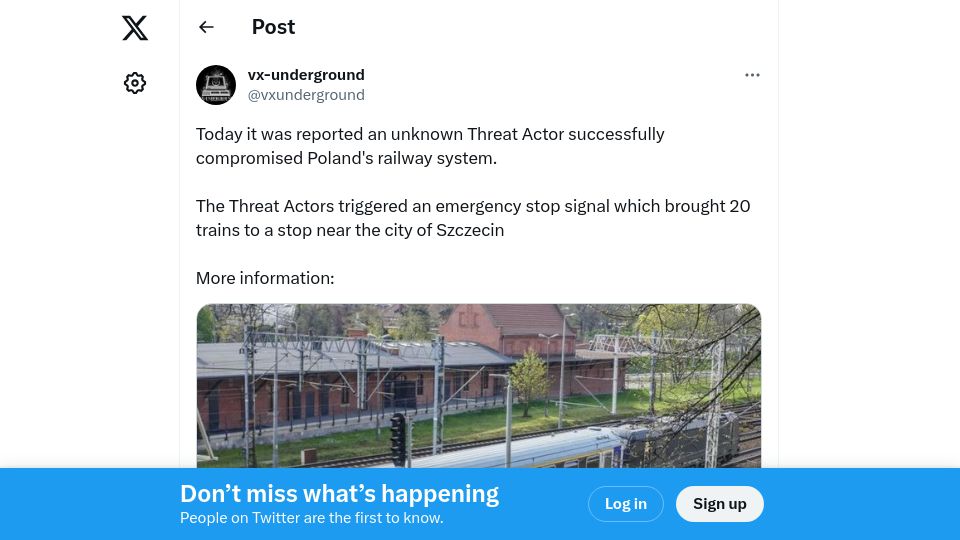 Screenshot of twitter.com: Polish railway system hacked, trains forced to stop by attackers
