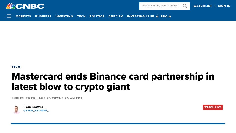 Screenshot of cnbc.com: Mastercard ends Binance card partnership in latest blow to crypto giant