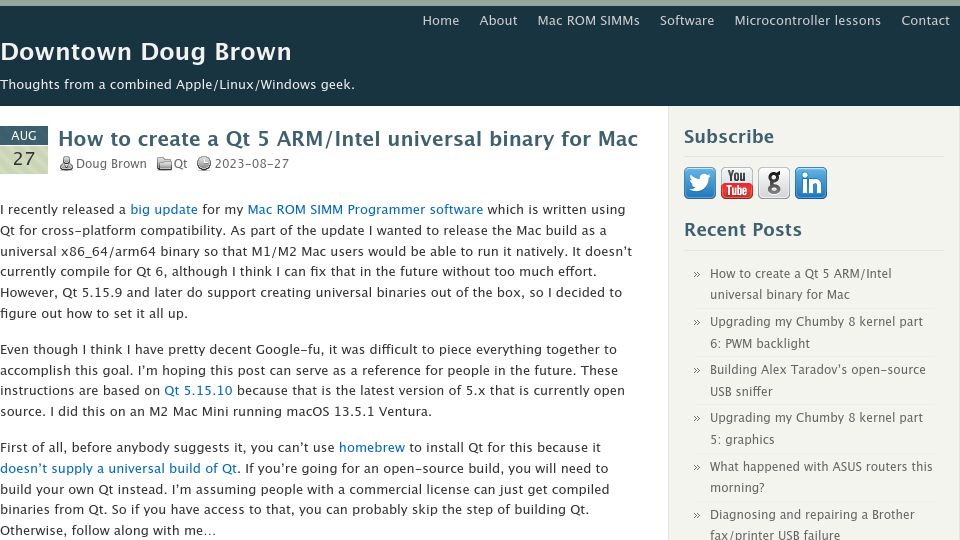 Screenshot of downtowndougbrown.com: How to create a Qt 5 ARM/Intel universal binary for Mac