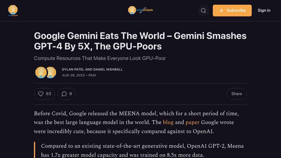 Screenshot of semianalysis.com: Google Gemini Eats the World