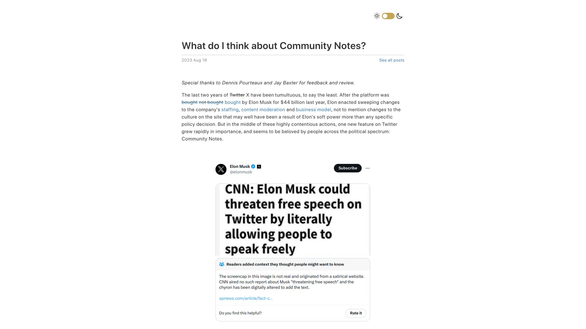 Screenshot of vitalik.ca: What do I think about Community Notes?