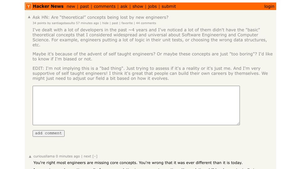 Screenshot of Hacker News post: Ask HN: Are “theoretical” concepts being lost by new engineers?