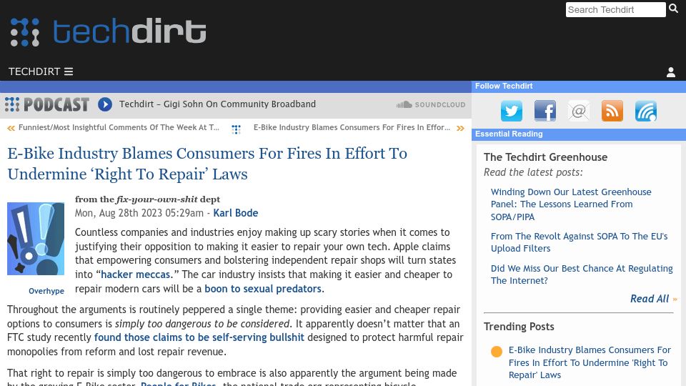 Screenshot of techdirt.com: E-bike industry blames consumers for fires to undermine right to repair laws