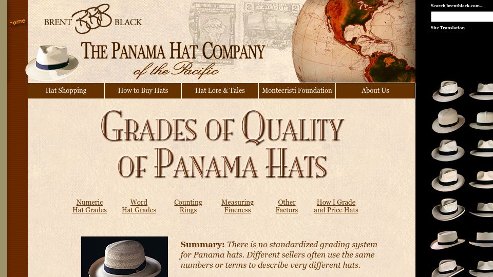 Screenshot of brentblack.com: Grades of quality of Panama hats