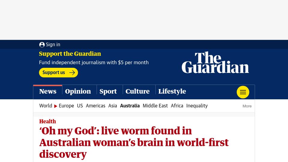 Screenshot of theguardian.com: Live worm found in Australian woman’s brain
