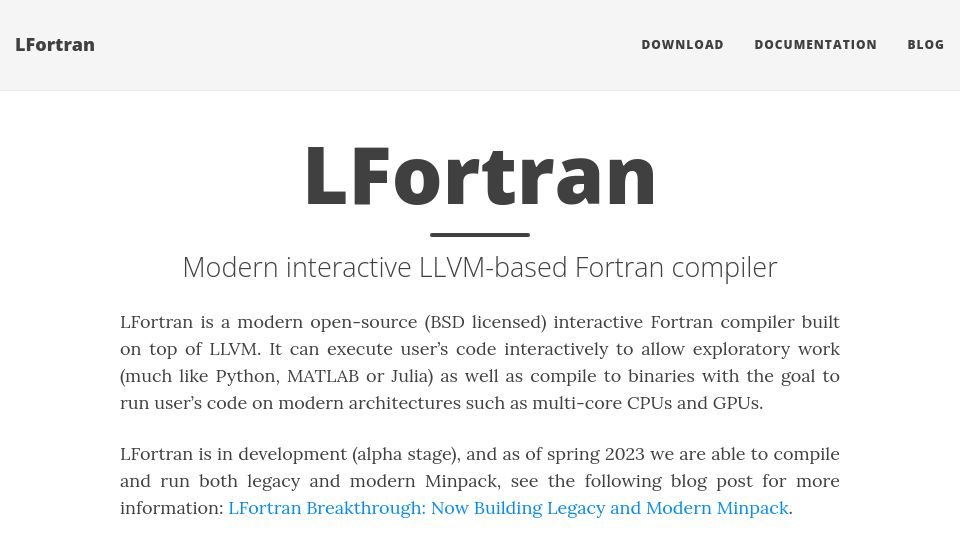 Screenshot of lfortran.org: Lfortran: Modern interactive LLVM-based Fortran compiler