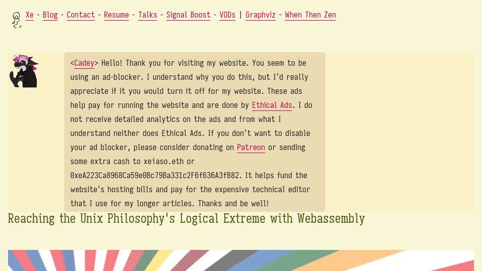 Screenshot of xeiaso.net: Reaching the Unix philosophy's logical extreme with WebAssembly