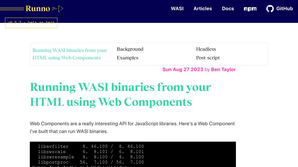 Screenshot of runno.dev: Running WASI binaries from your HTML using Web Components