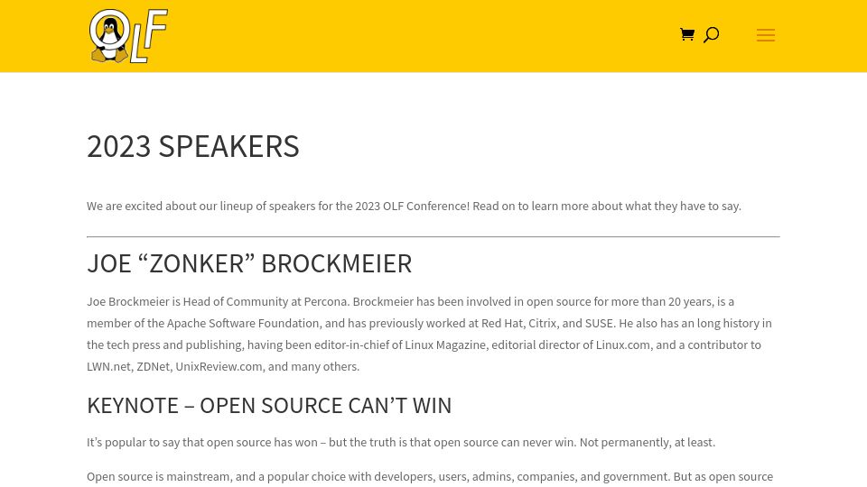 Screenshot of olfconference.org: Ohio LinuxFest 2023 Conference Speakers