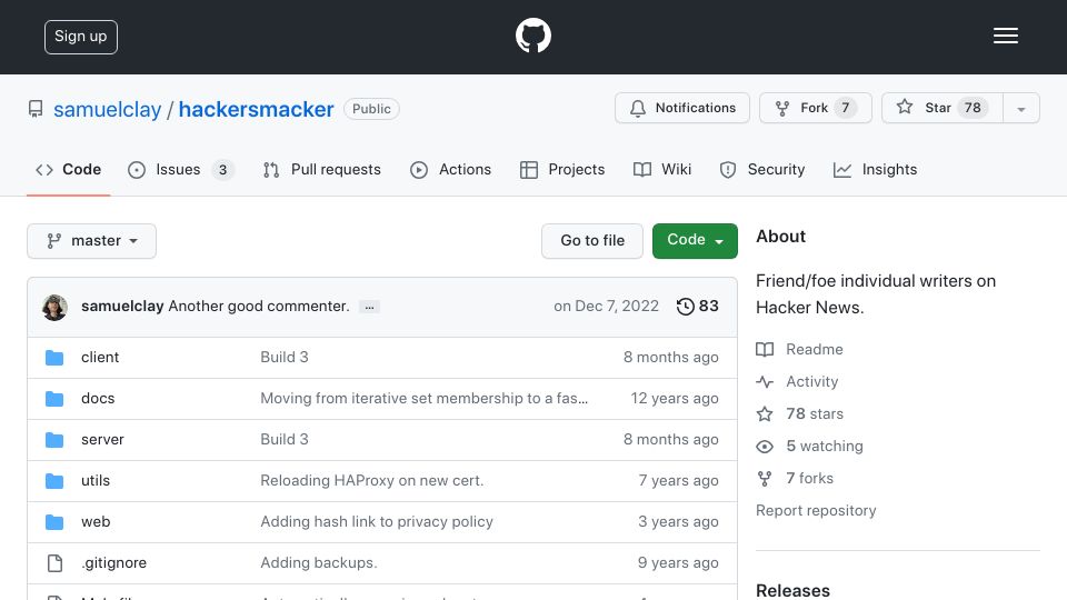 Screenshot of github.com: Hacker Smacker: Friend/foe individual writers on Hacker News